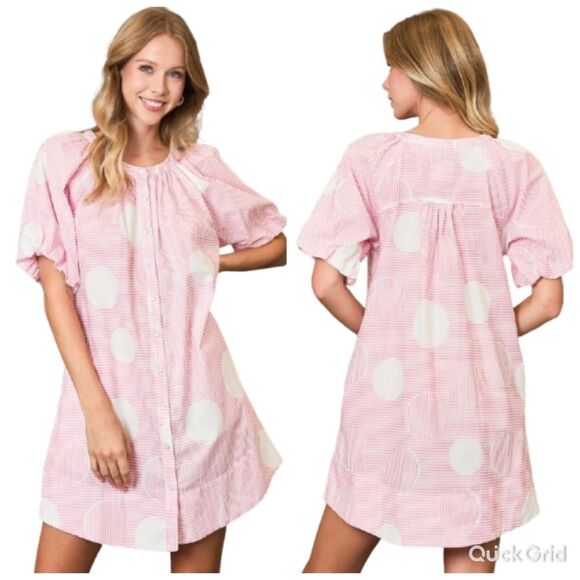 Umgee USA Umgee Stripe and Dot Print Button Down Puff Sleeve Mini Dress Slze Md - Picture 1 of 9